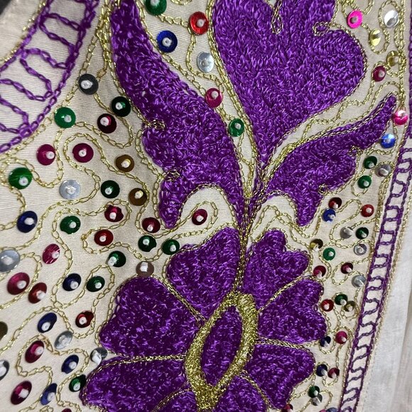 Embroidered Sequins Open Front Jacket Vest Unisex Cream Purple Sleeveless - Picture 4 of 7